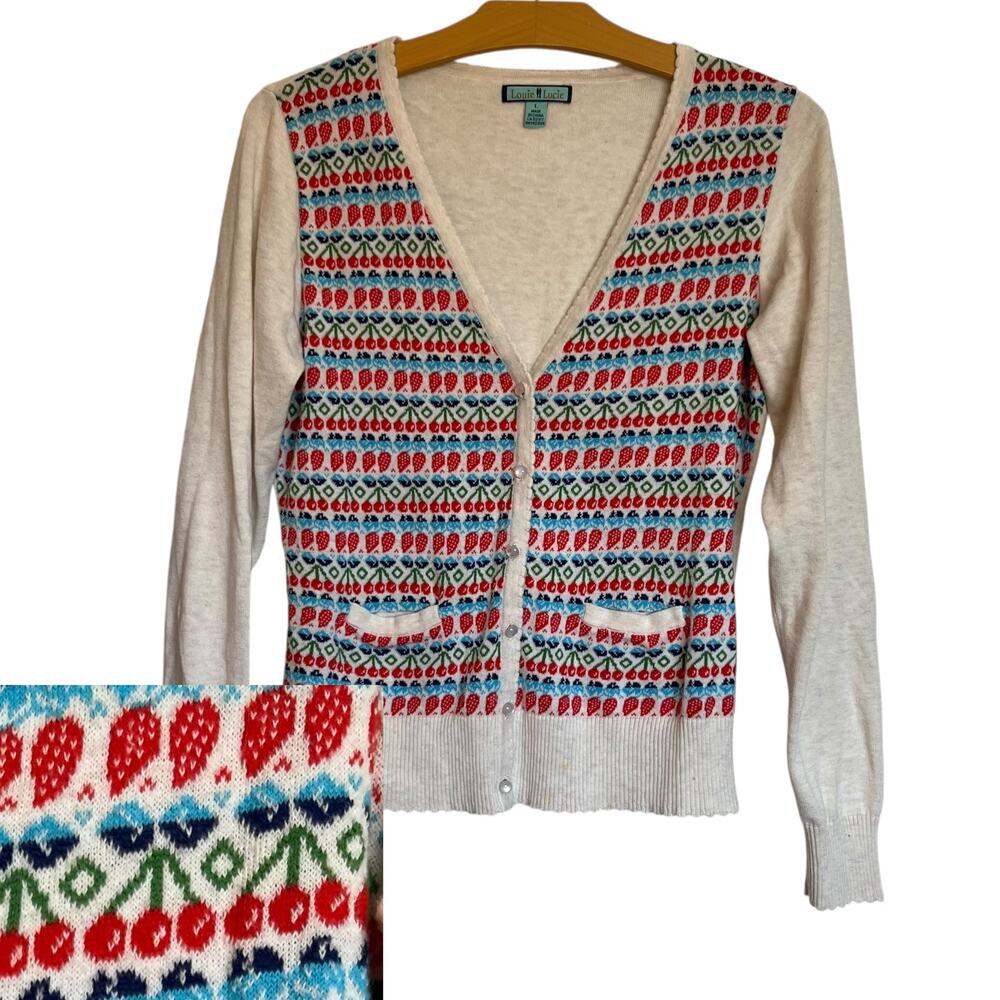 Louie Lucie Strawberry Cherry Fair Isle Button Cardigan Fruit V-Neck Sweater